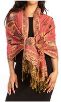 Sakkas Liua Long Wide Woven Patterned Design Multi Colored Pashmina Shawl / Scarf#color_Coral