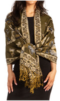 Sakkas Liua Long Wide Woven Patterned Design Multi Colored Pashmina Shawl / Scarf#color_DarkGreen