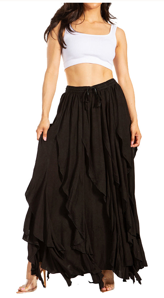 Sakkas Nova Womens Bohemian Stonewashed Rayon Asymmetrical Hem Maxi Swing Skirt#color_Black