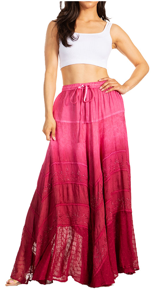 Sakkas Lyra Womens Bohemian Soft Brocade Rayon Tiered Embroidered Flowy Long Skirt#color_Fuschia