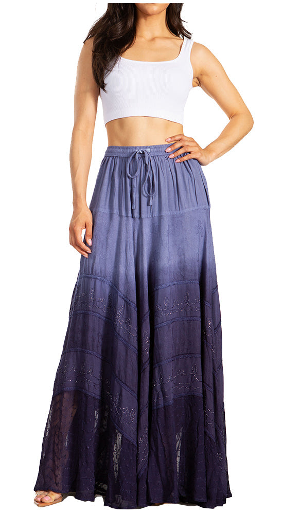 Sakkas Lyra Womens Bohemian Soft Brocade Rayon Tiered Embroidered Flowy Long Skirt