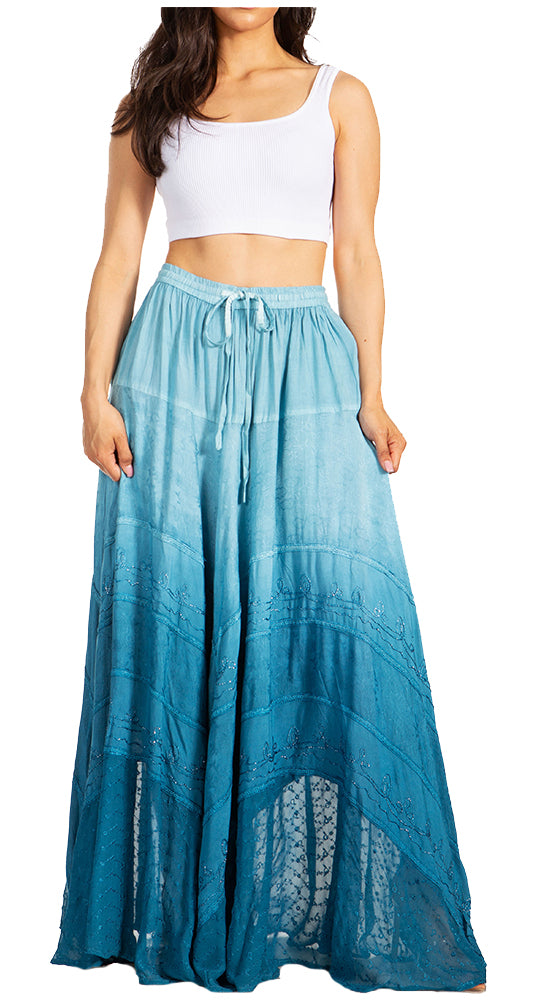 Sakkas Lyra Womens Bohemian Soft Brocade Rayon Tiered Embroidered Flowy Long Skirt