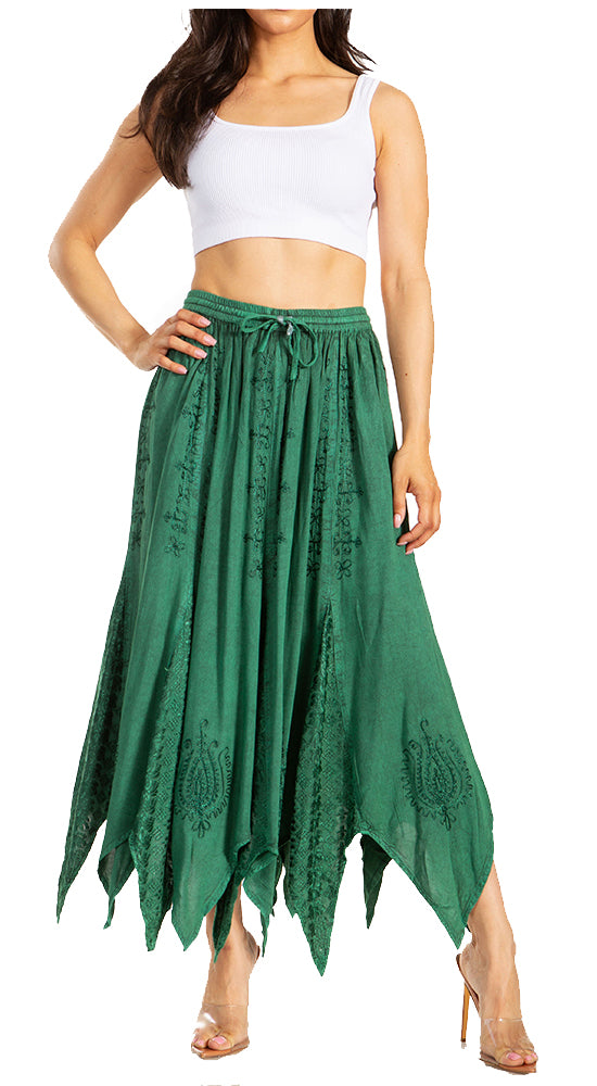 Sakkas Emery Womens Vintage Retro Maxi Rayon Embroidered Zigzag Hem Flowy Skirt#color_Green