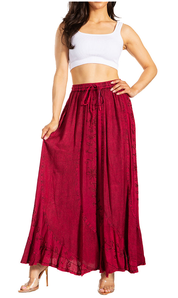 Sakkas Ahaana Women Renaissance Boho Rayon Maxi Embroidered Paneled Summer Skirt#color_Burgundy