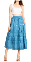 Sakkas Solid Embroidered Gypsy / Bohemian Mid Length Cotton Skirt#color_Blue