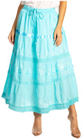 Sakkas Solid Embroidered Gypsy / Bohemian Mid Length Cotton Skirt#color_Turquoise