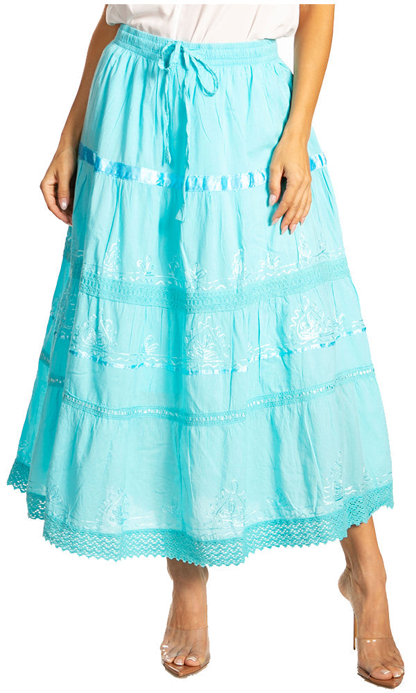 Sakkas Solid Embroidered Gypsy / Bohemian Mid Length Cotton Skirt#color_Turquoise