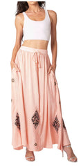 Sakkas Zarah Women's Boho Embroidery Gypsy Skirt with Lace Elastic Waist Pockets#color_Baby Pink