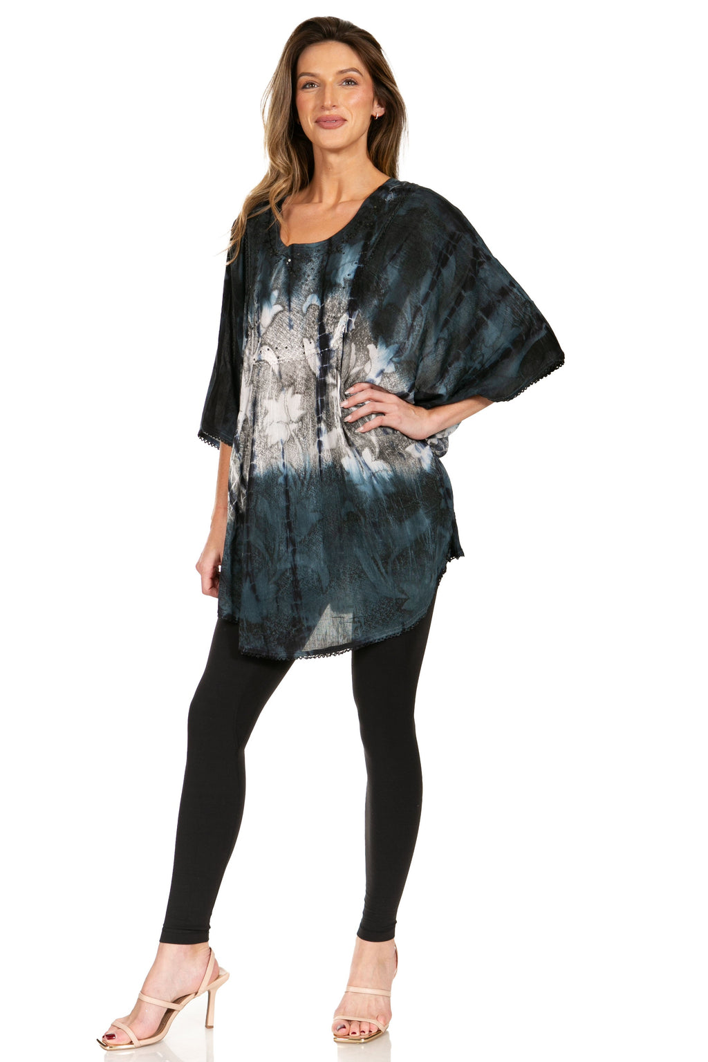 Chemisier Poncho Tie-dye Ombré Avec Broderie Pailletée - Taille Unique, 100% Rayonne, Longueur 74 Cm - 3