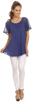 Sakkas Ellie Sequin Embroidered Cap Sleeve Scoop Neck Relaxed Fit Blouse