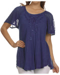 Sakkas Ellie Sequin Embroidered Cap Sleeve Scoop Neck Relaxed Fit Blouse#color_DenimBlue