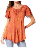 Sakkas Ellie Sequin Embroidered Cap Sleeve Scoop Neck Relaxed Fit Blouse#color_Red