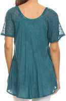 Sakkas Ellie Sequin Embroidered Cap Sleeve Scoop Neck Relaxed Fit Blouse