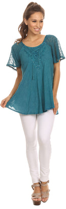 Sakkas Ellie Sequin Embroidered Cap Sleeve Scoop Neck Relaxed Fit Blouse