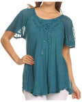 Sakkas Ellie Sequin Embroidered Cap Sleeve Scoop Neck Relaxed Fit Blouse#color_Teal