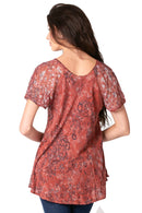 Sakkas Ash Speckled Tiedye Embroidered Cap Sleeve Blouse Top With Embroidery Hems