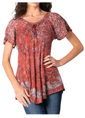 Sakkas Ash Speckled Tiedye Embroidered Cap Sleeve Blouse Top With Embroidery Hems#color_Chestnut Brown