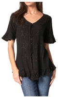 Sakkas Sayle Long Star Embroidered Blouse Shirt Top With Button Front And Ruffles#color_Black