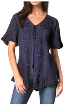 Sakkas Sayle Long Star Embroidered Blouse Shirt Top With Button Front And Ruffles