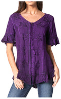 Sakkas Sayle Long Star Embroidered Blouse Shirt Top With Button Front And Ruffles#color_Purple