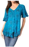 Sakkas Sayle Long Star Embroidered Blouse Shirt Top With Button Front And Ruffles#color_Turquoise