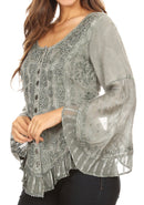 Sakkas Aura Womens Casual Ruffle Flare Crop Top Blouse Long Sleeves w/Embroidery