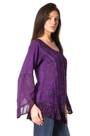 Sakkas Aura Womens Casual Ruffle Flare Crop Top Blouse Long Sleeves w/Embroidery