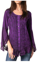 Sakkas Aura Womens Casual Ruffle Flare Crop Top Blouse Long Sleeves w/Embroidery#color_Purple