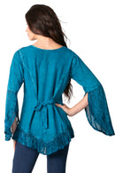 Sakkas Aura Womens Casual Ruffle Flare Crop Top Blouse Long Sleeves w/Embroidery