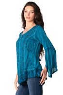 Sakkas Aura Womens Casual Ruffle Flare Crop Top Blouse Long Sleeves w/Embroidery