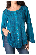 Sakkas Aura Womens Casual Ruffle Flare Crop Top Blouse Long Sleeves w/Embroidery#color_Turquoise