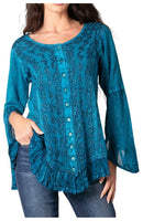 Sakkas Aura Womens Casual Ruffle Flare Crop Top Blouse Long Sleeves w/Embroidery