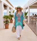 Sakkas Aymee Women's Caftan Poncho Cover up V neck Top Lace up With Rhinestone