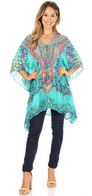 Sakkas Aymee Women's Caftan Poncho Cover up V neck Top Lace up With Rhinestone