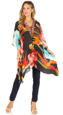 Sakkas Aymee Women's Caftan Poncho Cover up V neck Top Lace up With Rhinestone
