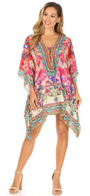 Sakkas Aymee Women's Caftan Poncho Cover up V neck Top Lace up With Rhinestone