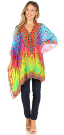 Sakkas Aymee Women's Caftan Poncho Cover up V neck Top Lace up With Rhinestone