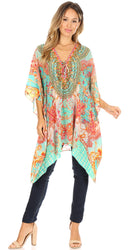 Sakkas Aymee Women's Caftan Poncho Cover up V neck Top Lace up With Rhinestone