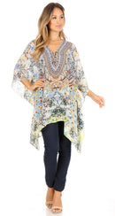 Sakkas Aymee Women's Caftan Poncho Cover up V neck Top Lace up With Rhinestone