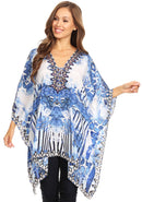 Sakkas Aymee Women's Caftan Poncho Cover up V neck Top Lace up With Rhinestone