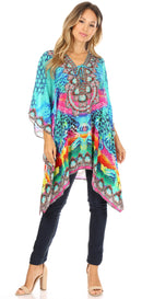 Sakkas Aymee Women's Caftan Poncho Cover up V neck Top Lace up With Rhinestone