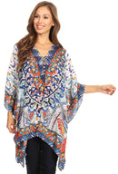 Sakkas Aymee Women's Caftan Poncho Cover up V neck Top Lace up With Rhinestone