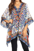Sakkas Aymee Women's Caftan Poncho Cover up V neck Top Lace up With Rhinestone#color_TW18-White