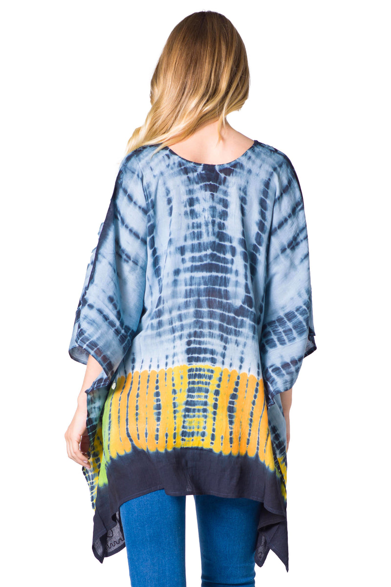 Sakkas Eliana Wide Long Tall Embroidered Tie Dye Ombre Batik Poncho Top Blouse