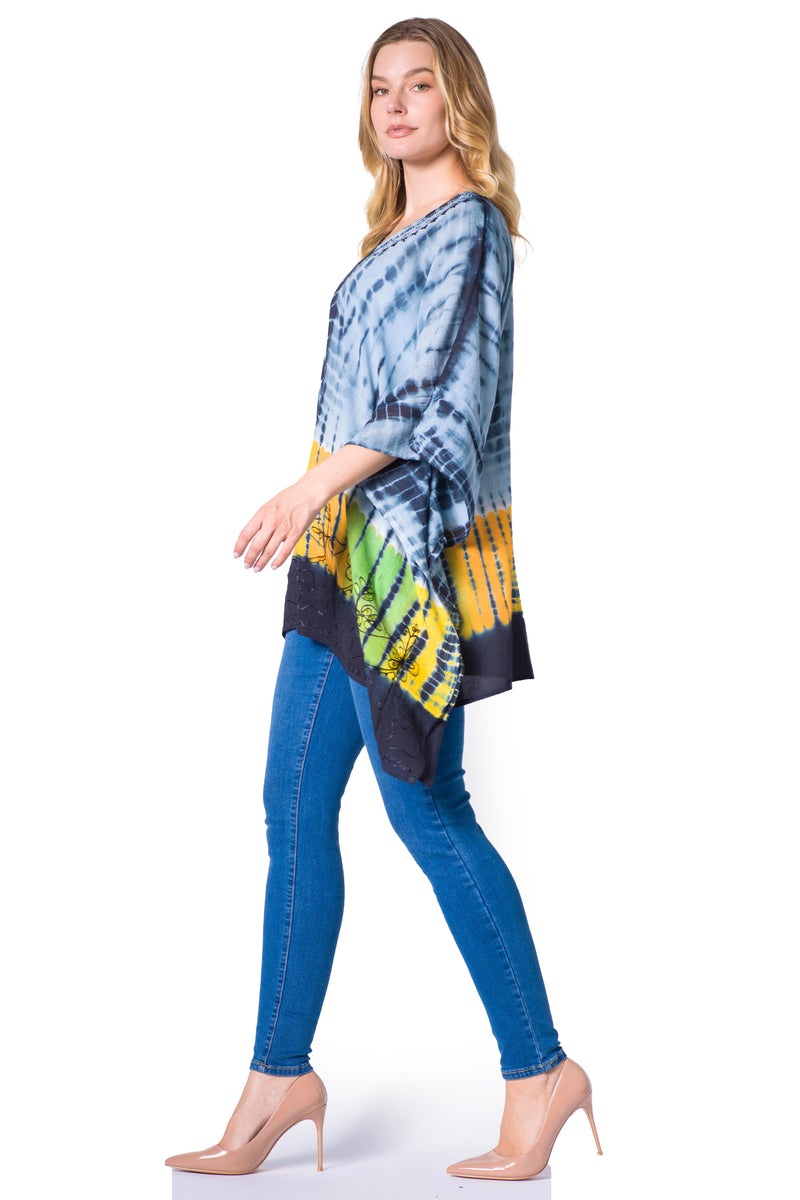 Sakkas Eliana Wide Long Tall Embroidered Tie Dye Ombre Batik Poncho Top Blouse
