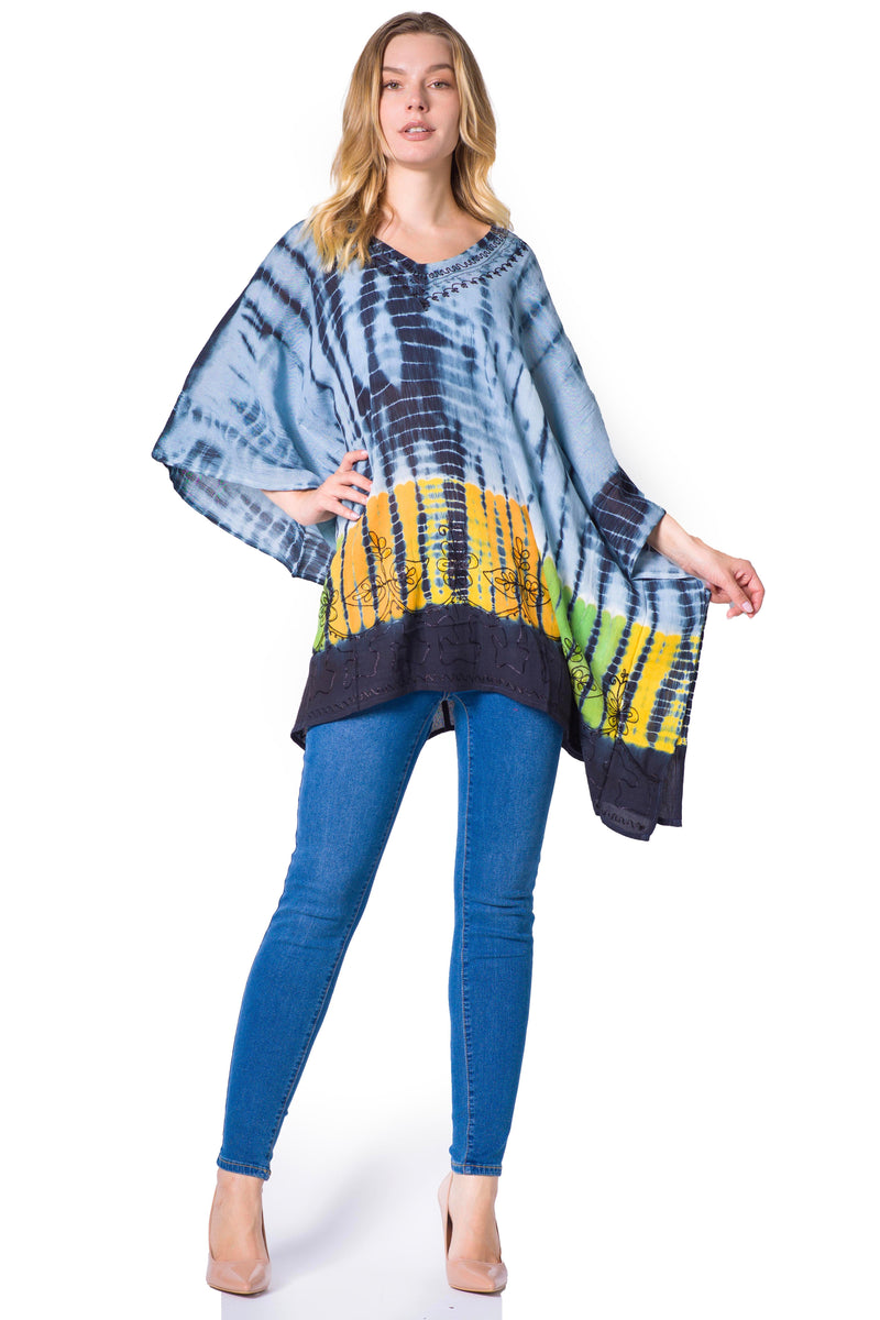 Sakkas Eliana Wide Long Tall Embroidered Tie Dye Ombre Batik Poncho Top Blouse