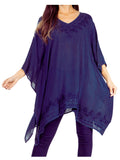Sakkas Wren Lightweight Circle Poncho Top Blouse With Detailed Embroidery#color_A-Navy