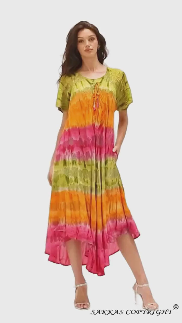 Sakkas Sula Tie-Dye Wide Neck Embroidered Boho Sundress Caftan Cover Up#color_Green / Orange