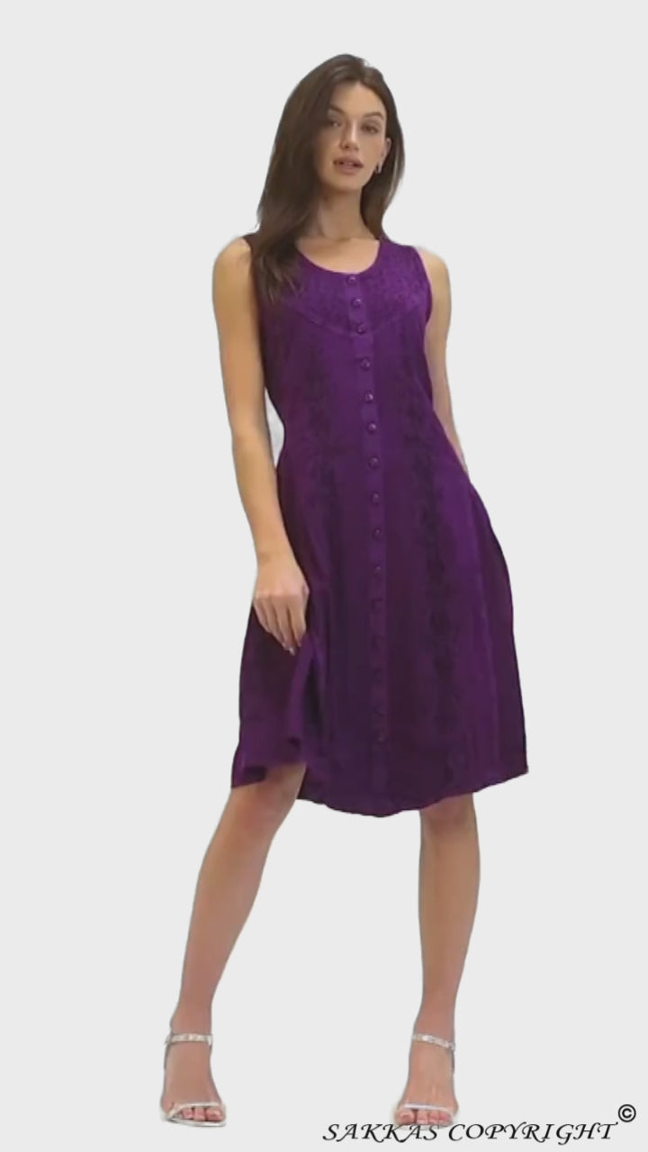 Sakkas Maya Midi Floral Embroidered Sleeveless Button Up Rayon Dress#color_Purple