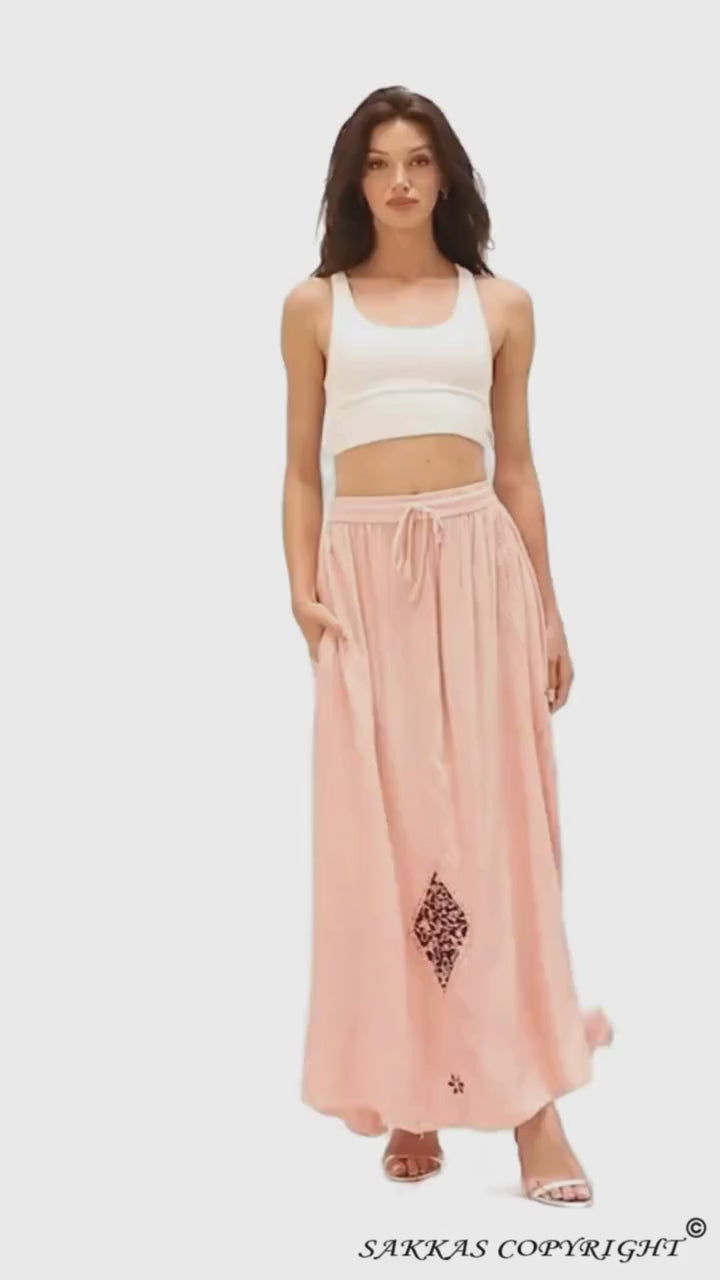 Sakkas Zarah Women's Boho Embroidery Gypsy Skirt with Lace Elastic Waist Pockets#color_Baby Pink